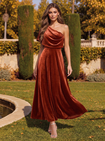 Burnt Orange Cowl Draped A Line Ankle Length Velvet Wedding Guest Dresses One Shoulder Formal Dresses Plus Size