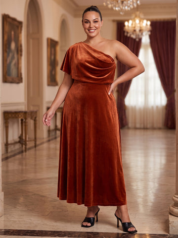 Burnt Orange Cowl Draped A Line Ankle Length Velvet Wedding Guest Dresses One Shoulder Formal Dresses Plus Size