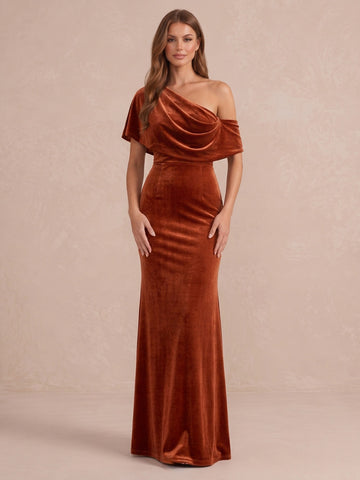 Burnt Orange Cowl Draped Mermaid Floor Length Velvet Wedding Guest Dresses One Shoulder Evening Dresses