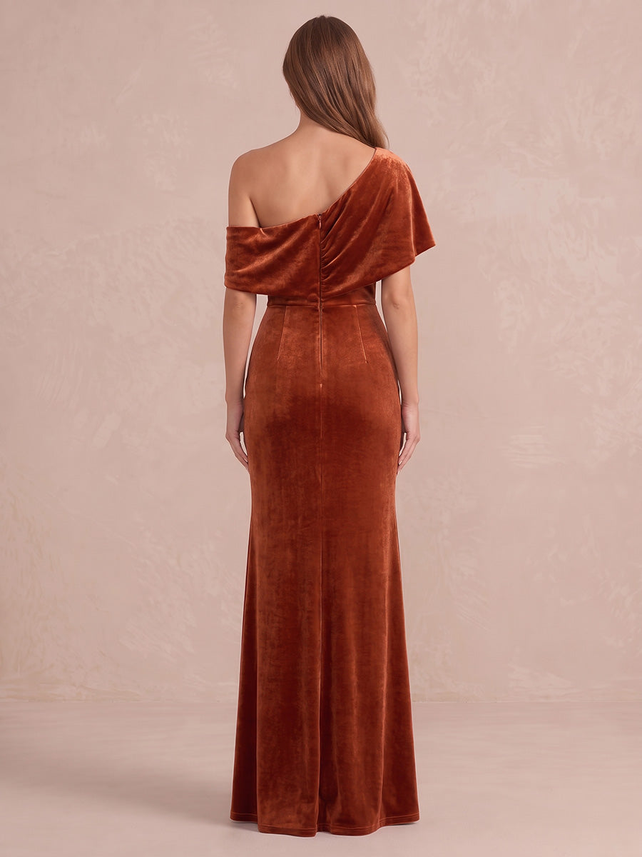 Burnt Orange Cowl Draped Mermaid Floor Length Velvet Wedding Guest Dresses One Shoulder Evening Dresses Plus Size