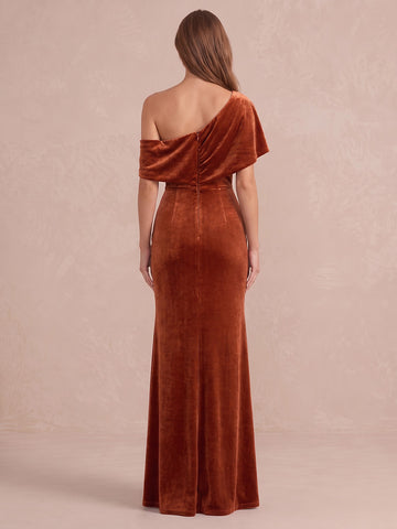 Burnt Orange Cowl Draped Mermaid Floor Length Velvet Wedding Guest Dresses One Shoulder Evening Dresses Plus Size