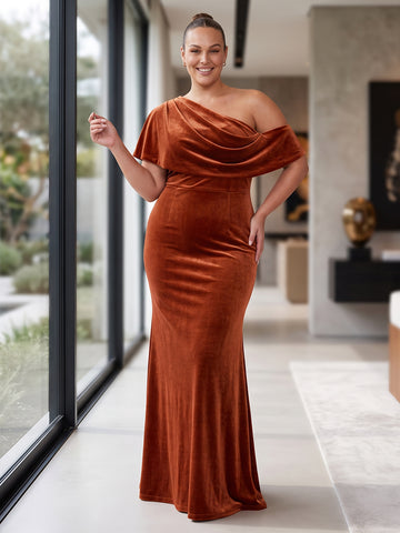 Burnt Orange Cowl Draped Mermaid Floor Length Velvet Wedding Guest Dresses One Shoulder Evening Dresses Plus Size