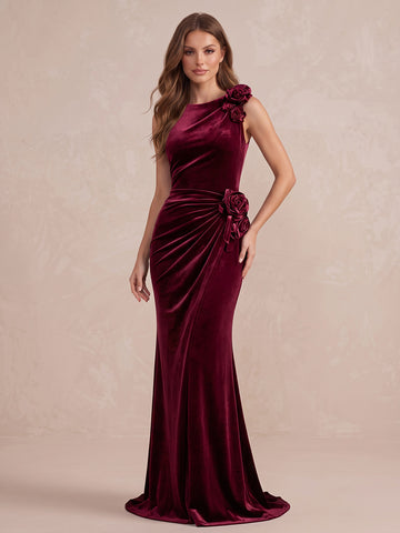 Burgundy 3D Floral Mermaid Maxi Velvet Wedding Guest Dresses Round Neck Evening Dresses