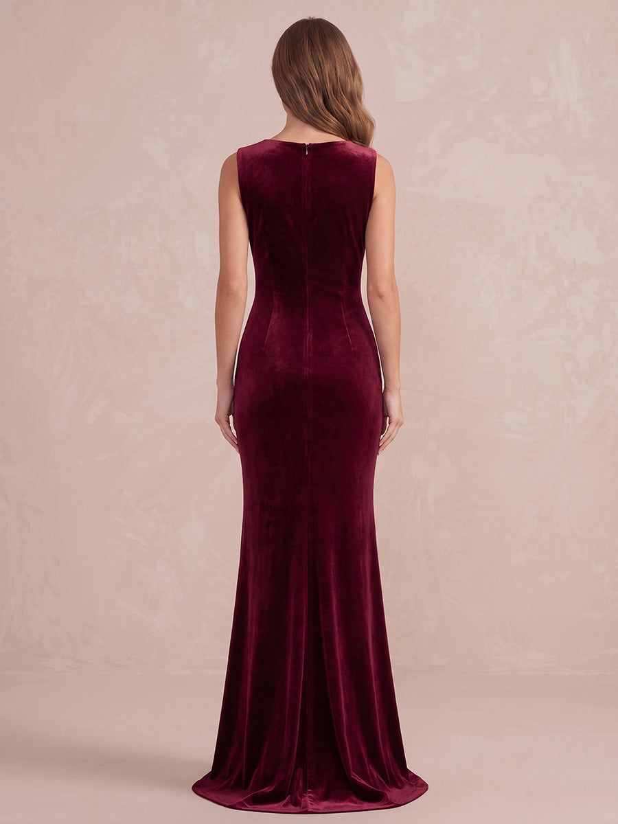 Burgundy 3D Floral Mermaid Maxi Velvet Wedding Guest Dresses Round Neck Evening Dresses