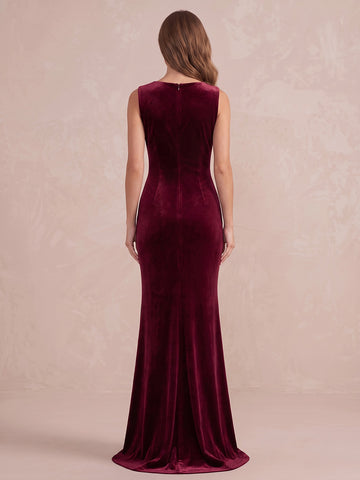 Burgundy 3D Floral Mermaid Maxi Velvet Wedding Guest Dresses Round Neck Evening Dresses