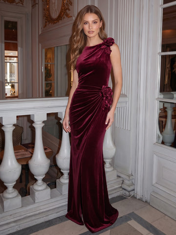 Burgundy 3D Floral Mermaid Maxi Velvet Wedding Guest Dresses Round Neck Evening Dresses