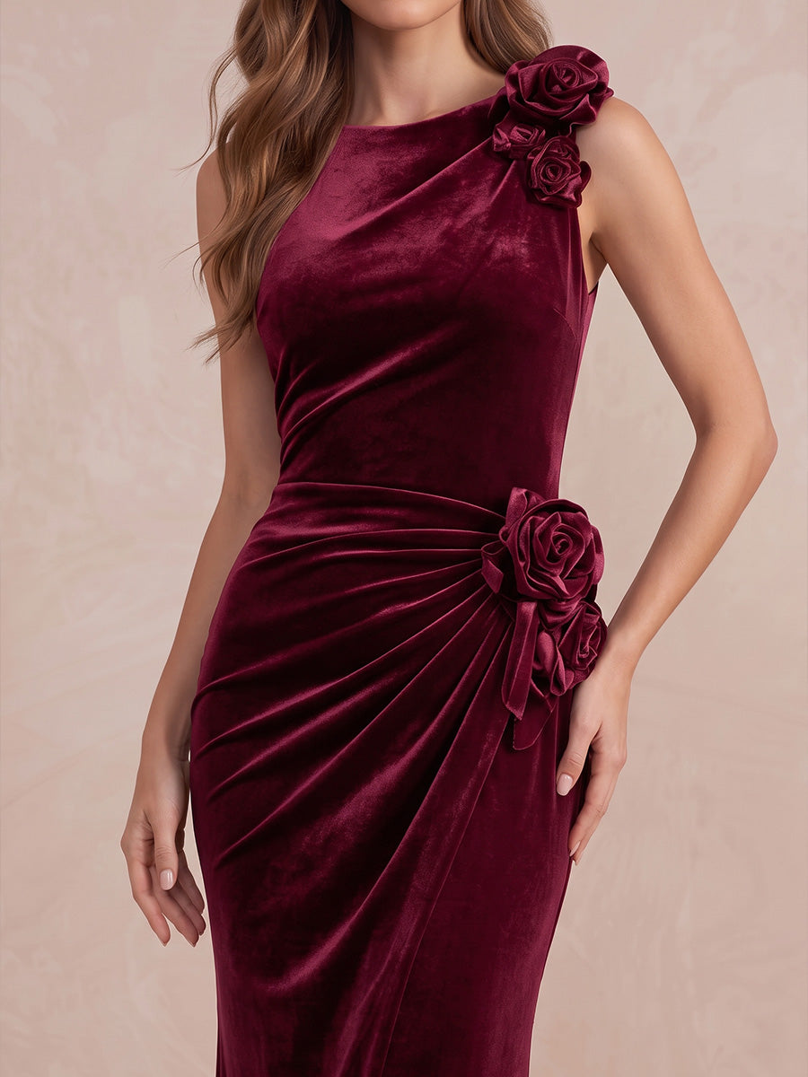 Burgundy 3D Floral Mermaid Maxi Velvet Wedding Guest Dresses Round Neck Evening Dresses