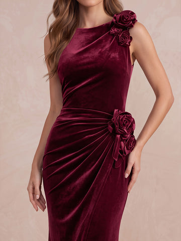 Burgundy 3D Floral Mermaid Maxi Velvet Wedding Guest Dresses Round Neck Evening Dresses