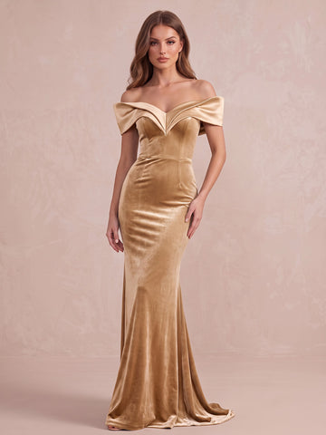 Champagne Velvet Trim Mermaid Maxi Velvet Wedding Guest Dresses Off Shoulder Formal Dresses