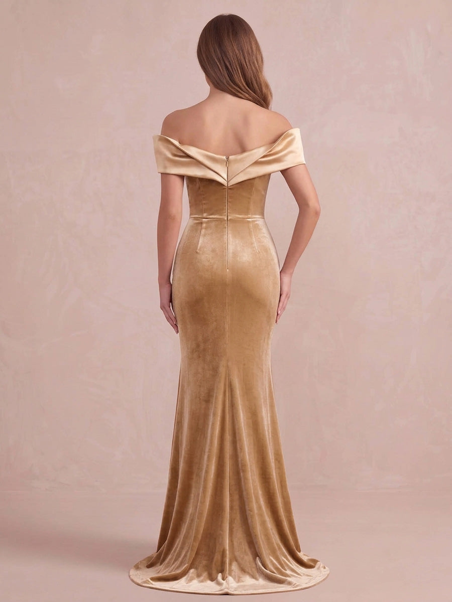 Champagne Velvet Trim Mermaid Maxi Velvet Wedding Guest Dresses Off Shoulder Formal Dresses