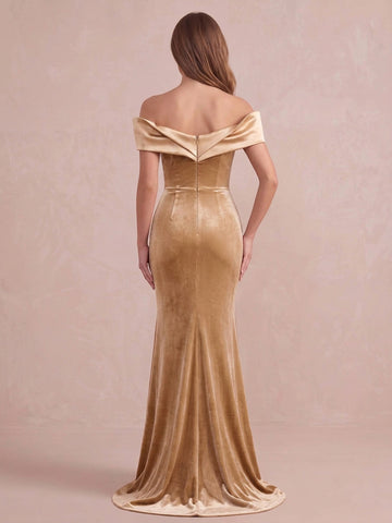 Champagne Velvet Trim Mermaid Maxi Velvet Wedding Guest Dresses Off Shoulder Formal Dresses