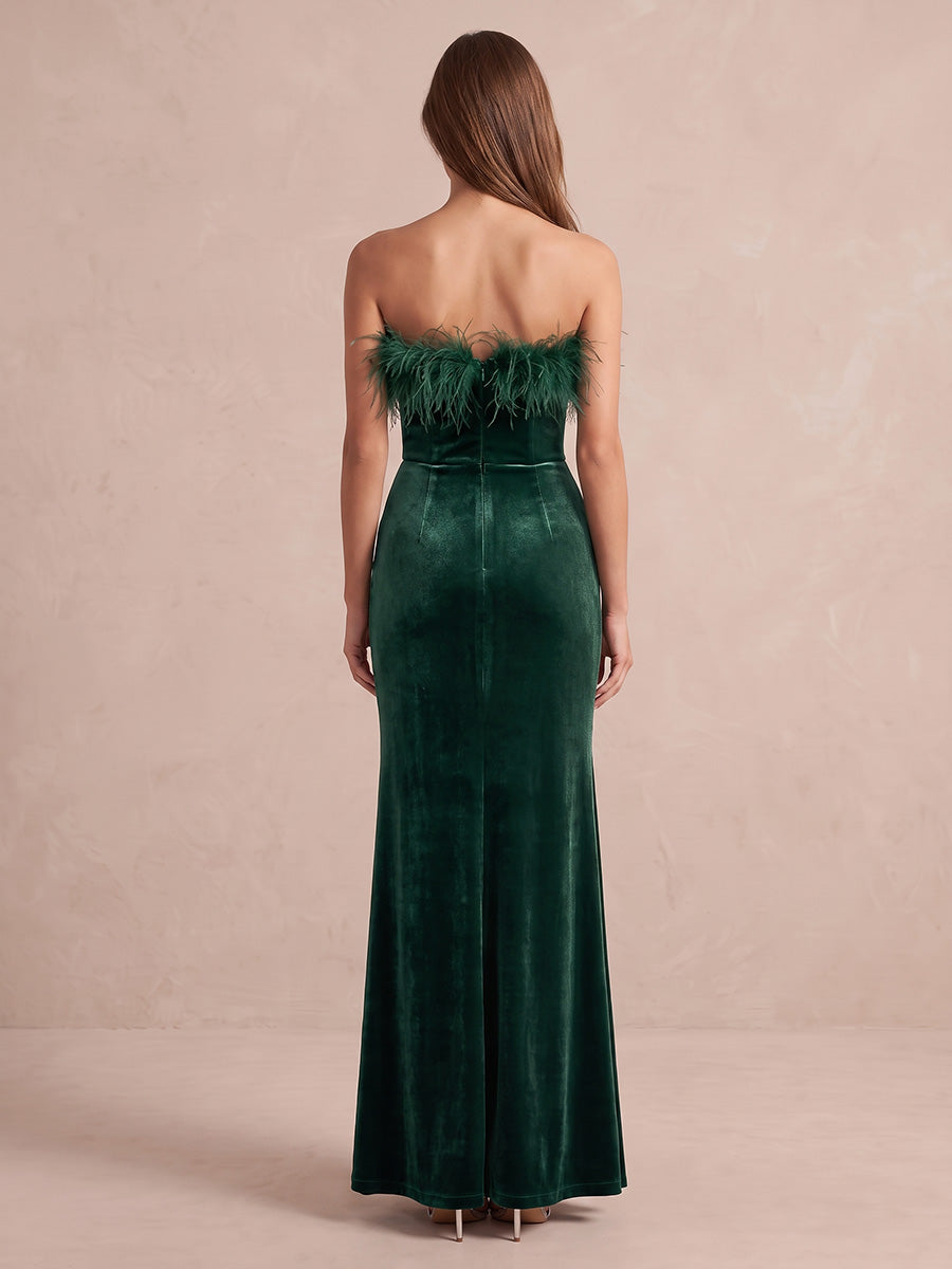 Emerald Green Mermaid Maxi Velvet Wedding Guest Dresses High Slit Strapless Formal Dresses Plus Size