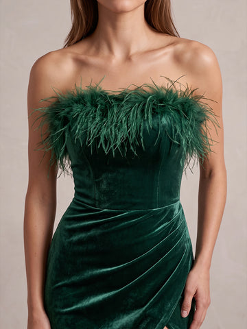 Emerald Green Mermaid Maxi Velvet Wedding Guest Dresses High Slit Strapless Formal Dresses Plus Size
