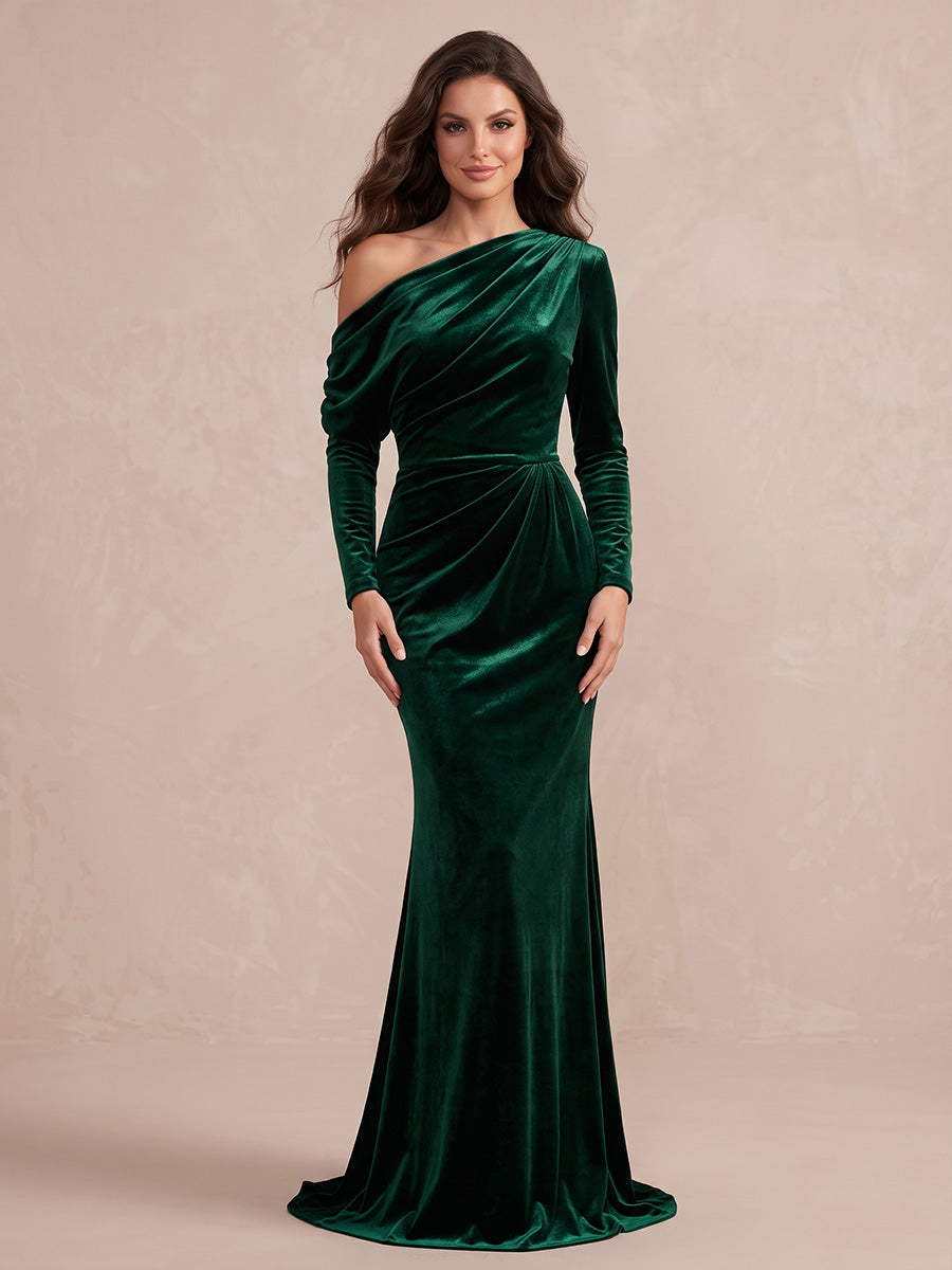 Emerald Mermaid Maxi Velvet Wedding Guest Dresses One Shoulder Formal Dresses
