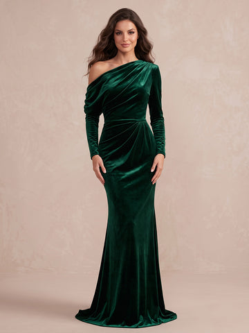Emerald Mermaid Maxi Velvet Wedding Guest Dresses One Shoulder Formal Dresses