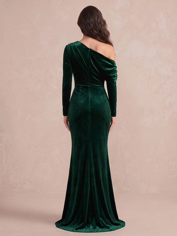 Emerald Mermaid Maxi Velvet Wedding Guest Dresses One Shoulder Formal Dresses Plus Size