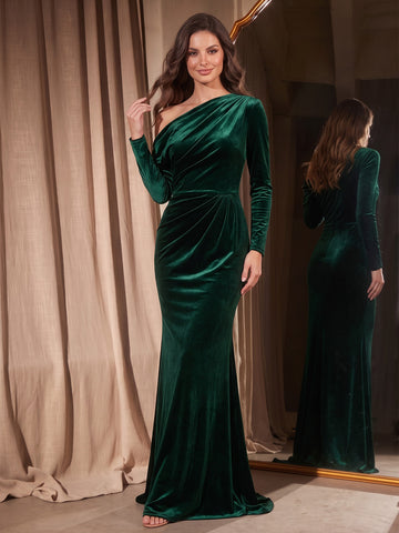 Emerald Mermaid Maxi Velvet Wedding Guest Dresses One Shoulder Formal Dresses Plus Size