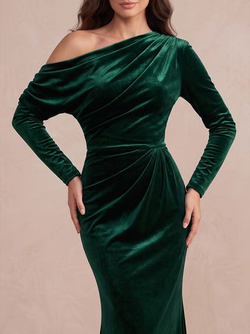 Emerald Mermaid Maxi Velvet Wedding Guest Dresses One Shoulder Formal Dresses Plus Size