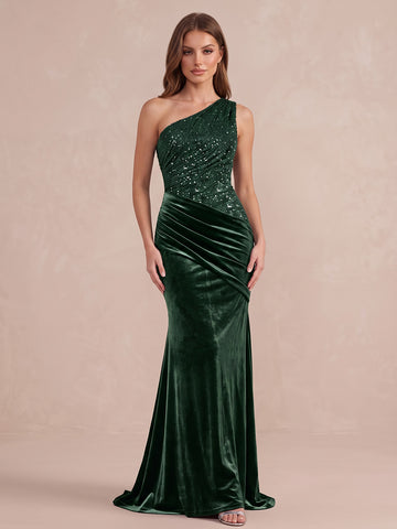 Emerald Mermaid Maxi Sequin Velvet Wedding Guest Dresses Ruched Evening Party Dresses