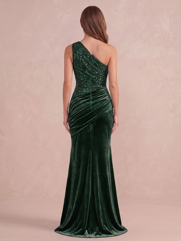 Emerald Mermaid Maxi Sequin Velvet Wedding Guest Dresses Ruched Evening Party Dresses