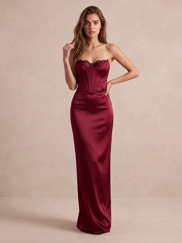 Burgundy Corset Mermaid Maxi Satin Wedding Guest Dresses Strapless Evening Dresses