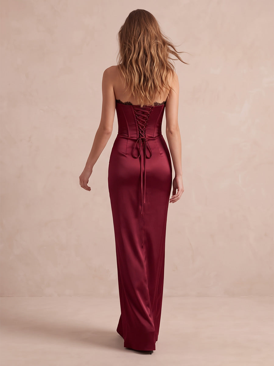 Burgundy Corset Mermaid Maxi Satin Wedding Guest Dresses Strapless Evening Dresses