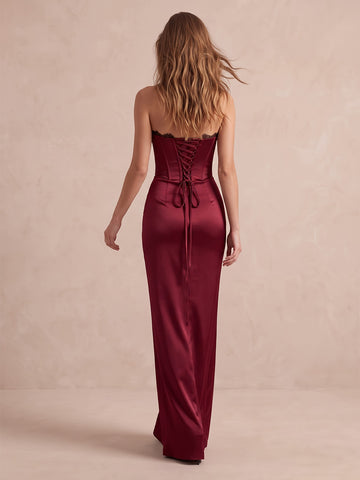Burgundy Corset Mermaid Maxi Satin Wedding Guest Dresses Strapless Evening Dresses