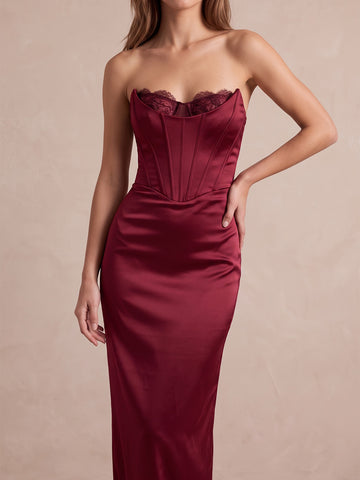 Burgundy Corset Mermaid Maxi Satin Wedding Guest Dresses Strapless Evening Dresses