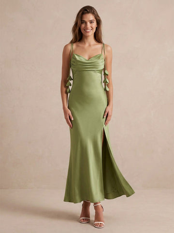 Sage Mermaid Midi Satin Wedding Guest Dresses Spaghetti Strap Formal Dresses