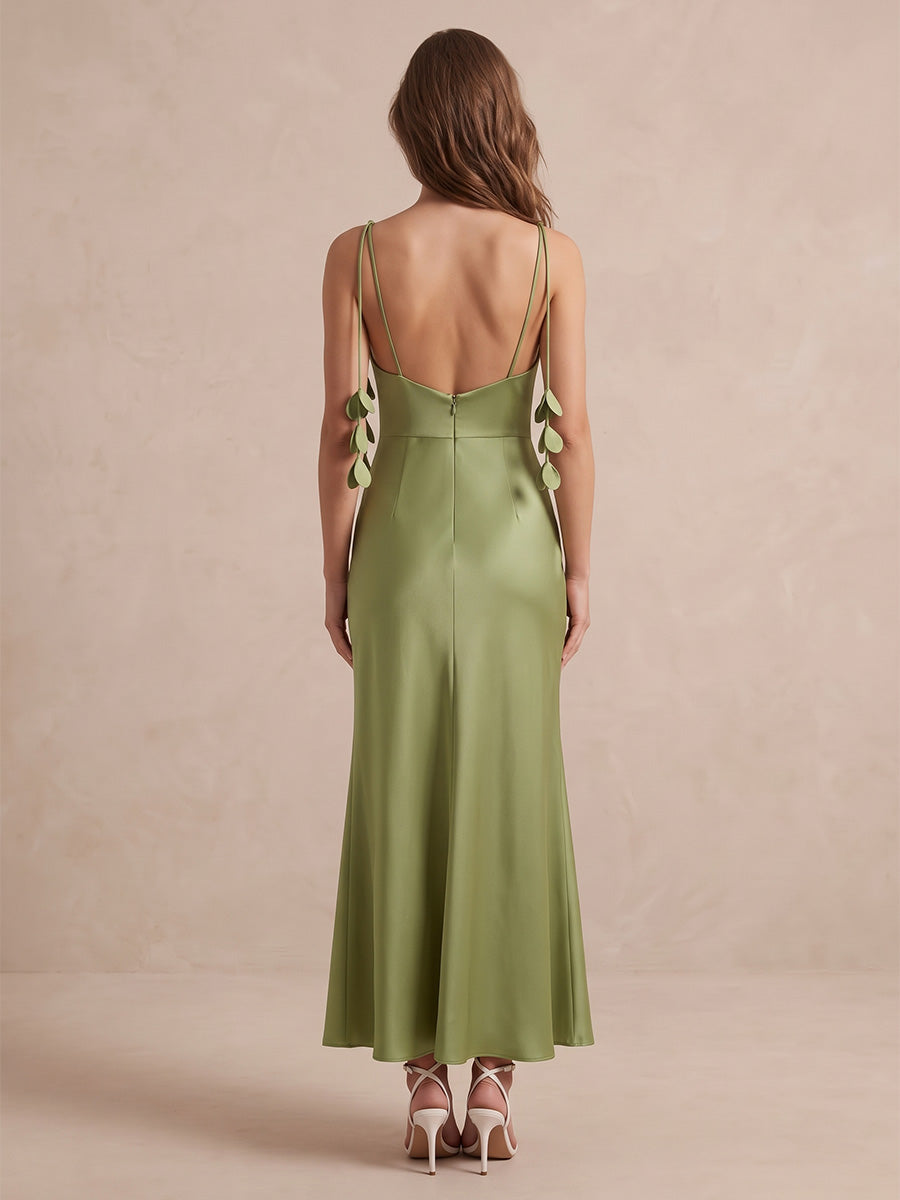 Sage Mermaid Midi Satin Wedding Guest Dresses Spaghetti Strap Formal Dresses