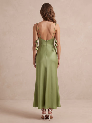 Sage Mermaid Midi Satin Wedding Guest Dresses Spaghetti Strap Formal Dresses