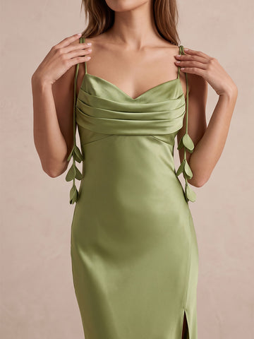 Sage Mermaid Midi Satin Wedding Guest Dresses Spaghetti Strap Formal Dresses