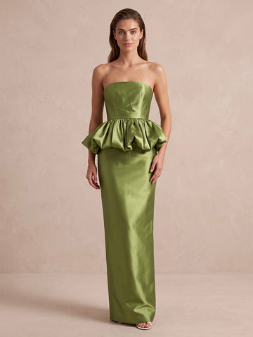 Olive Mermaid Maxi Satin Wedding Guest Dresses Strapless Ruffles Formal Dresses