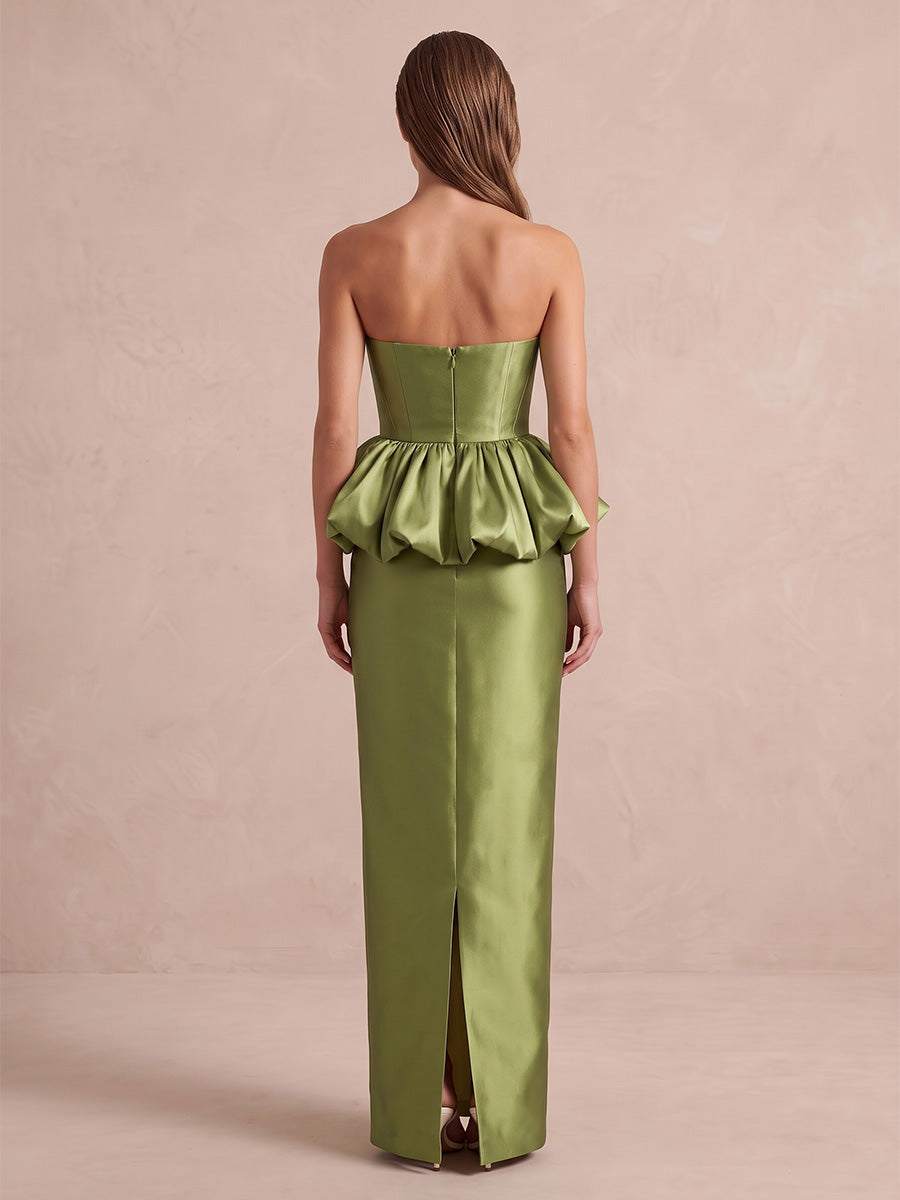Olive Mermaid Maxi Satin Wedding Guest Dresses Strapless Ruffles Formal Dresses