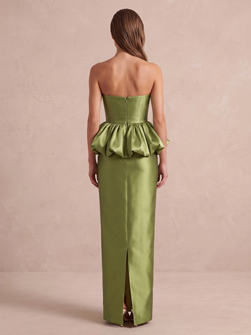 Olive Mermaid Maxi Satin Wedding Guest Dresses Strapless Ruffles Formal Dresses