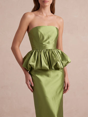 Olive Mermaid Maxi Satin Wedding Guest Dresses Strapless Ruffles Formal Dresses