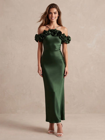 Emerald Sheath Midi Satin Wedding Guest Dresses Off Shoulder Halter Evening Dresses
