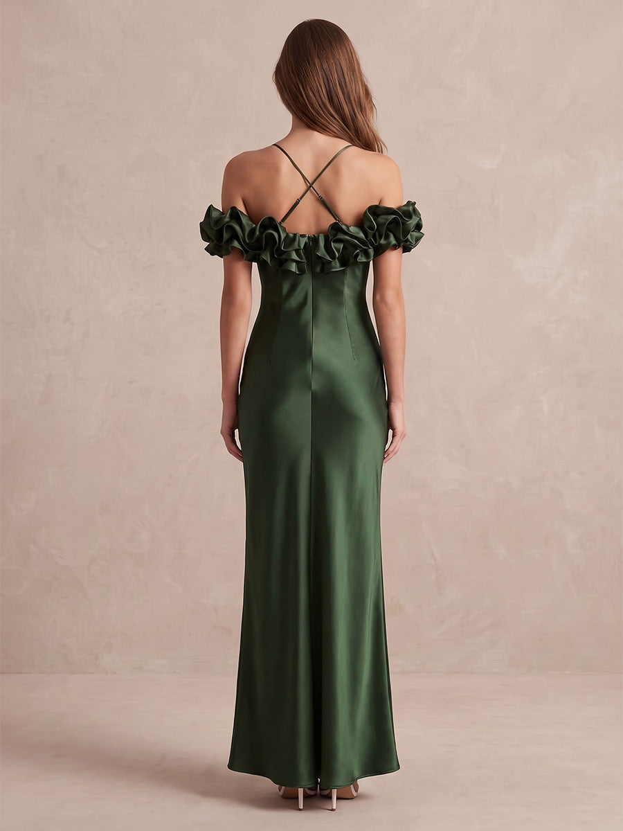 Emerald Sheath Midi Satin Wedding Guest Dresses Off Shoulder Halter Evening Dresses