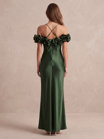 Emerald Sheath Midi Satin Wedding Guest Dresses Off Shoulder Halter Evening Dresses