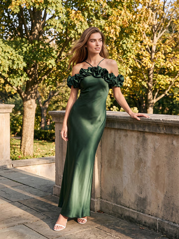 Emerald Sheath Midi Satin Wedding Guest Dresses Off Shoulder Halter Evening Dresses