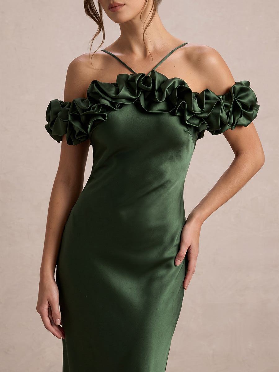 Emerald Sheath Midi Satin Wedding Guest Dresses Off Shoulder Halter Evening Dresses