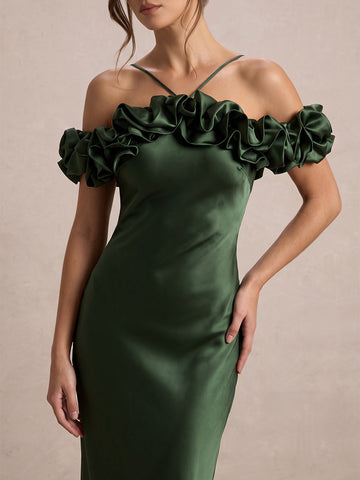 Emerald Sheath Midi Satin Wedding Guest Dresses Off Shoulder Halter Evening Dresses