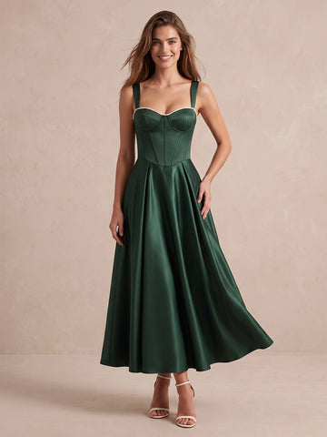 Emerald A Line Midi Satin Wedding Guest Dresses Sweetheart Wide Strap Formal Dresses