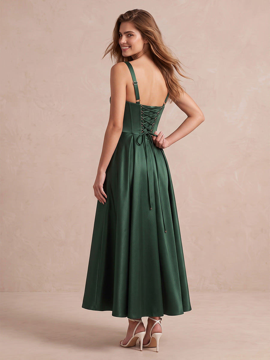 Emerald A Line Midi Satin Wedding Guest Dresses Sweetheart Wide Strap Formal Dresses
