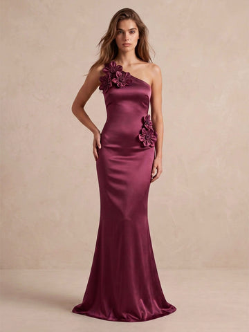 Plum 3D Floral Mermaid Satin Long Wedding Guest Dresses One Shoulder Formal Evening Dresses