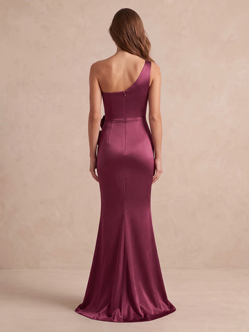 Plum 3D Floral Mermaid Satin Long Wedding Guest Dresses One Shoulder Formal Evening Dresses