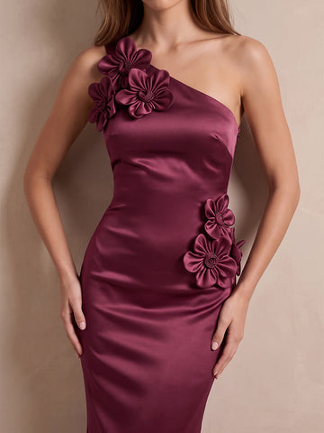 Plum 3D Floral Mermaid Satin Long Wedding Guest Dresses One Shoulder Formal Evening Dresses