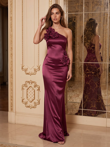 Plum 3D Floral Mermaid Satin Long Wedding Guest Dresses One Shoulder Formal Evening Dresses