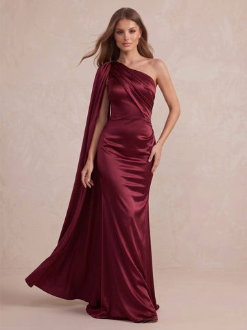 Burgundy Cape Sleeve Mermaid Long Satin Wedding Guest Dresses One Shoulder Formal Dresses