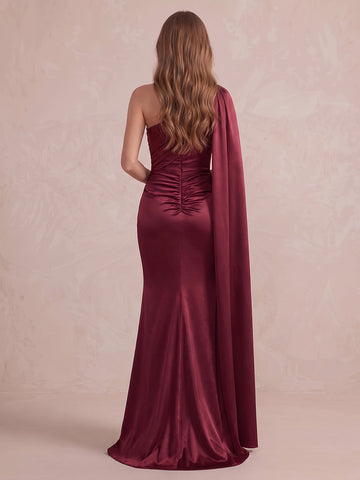 Burgundy Cape Sleeve Mermaid Long Satin Wedding Guest Dresses One Shoulder Formal Dresses